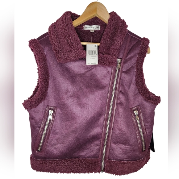 Madden Girl Jackets & Blazers - NWT Madden Girl Faux Shearling Moto Vest - Plum, Sugar Beat, Size Medium